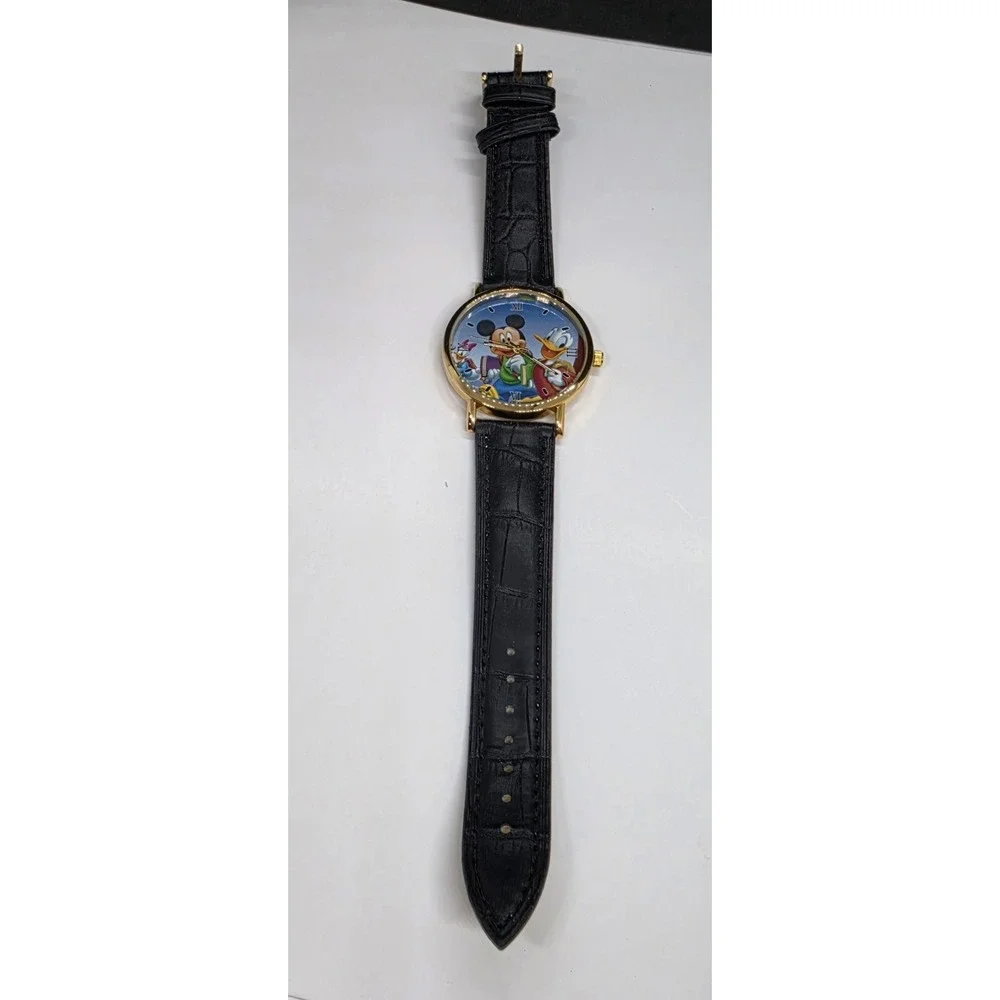 Mickey Mouse Donald And Daisy Duck Watch With Black Leather Band Unbranded